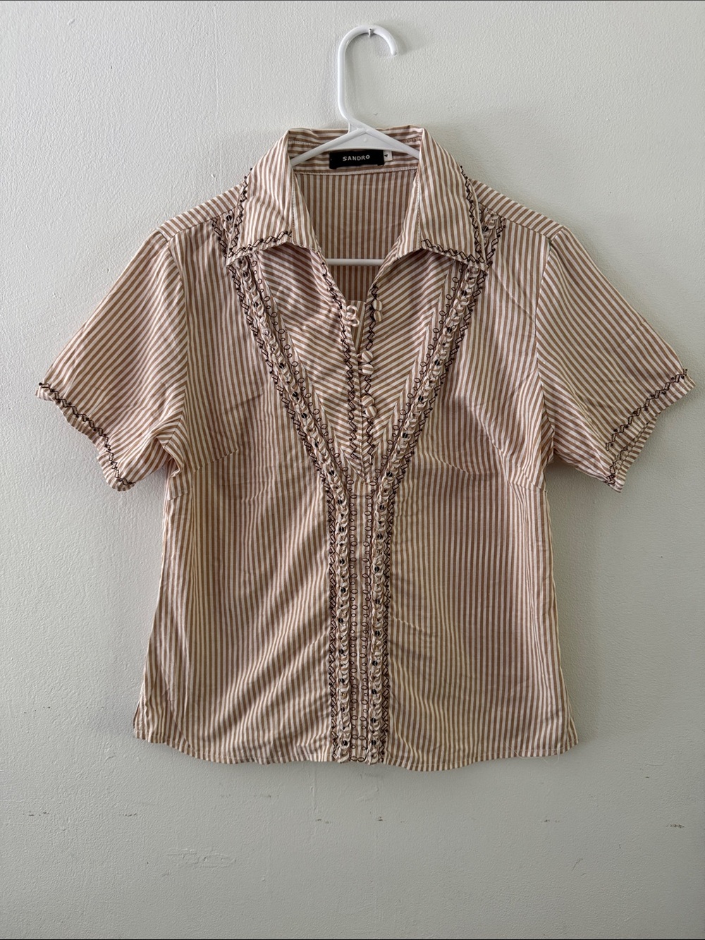 Sandro Beige & White Striped Ruffle-Trim Button Front Blouse Sz 4